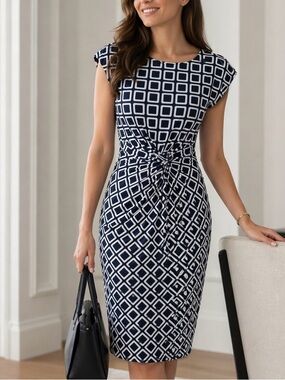 Lauren Ralph Lauren Career Chic Navy Geometric Sheath Dress Ruched Waist Size 6